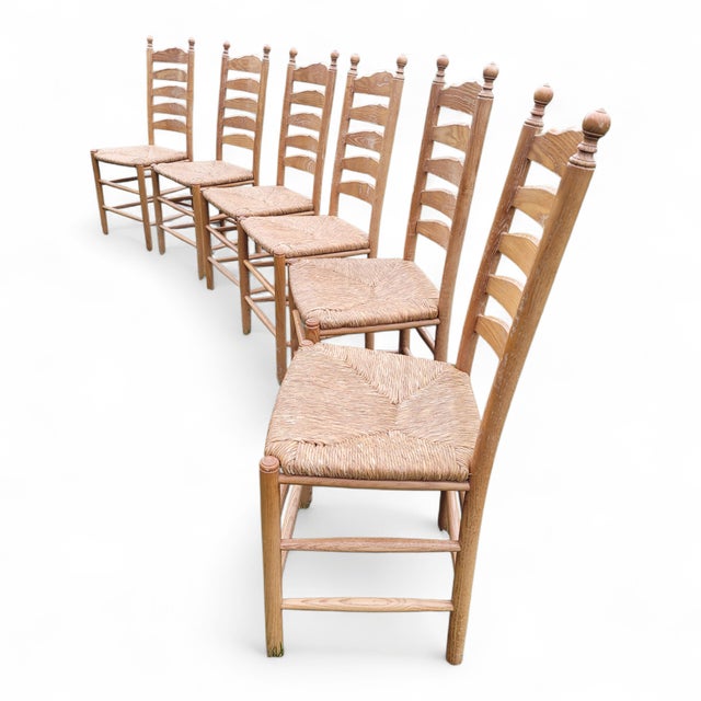 Vintage French Farmhouse Ladderback Dining Chairs in Oak with Rush Seats, 1950s, Set of 4 For Sale - Image 11 of 13
