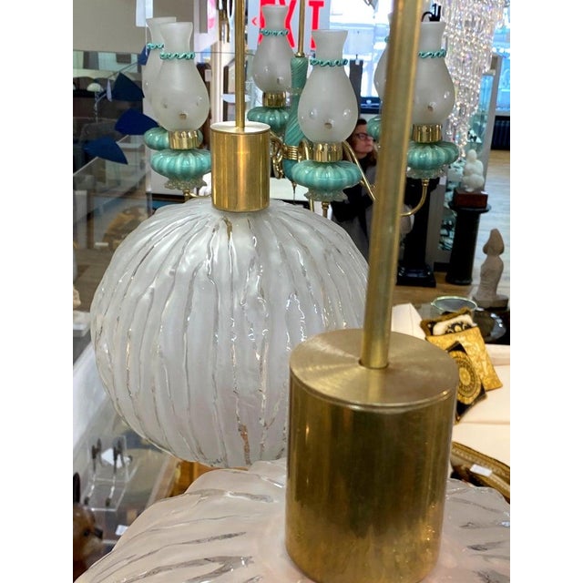 Metal Angelo Brotto Italian 1960s Satin and Clear Glass Shade Pendant Lights For Sale - Image 7 of 10