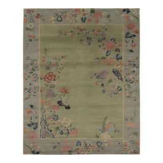 Rug & Kilim’s Chinese Art Deco Inspired Rug, Florals Over Light Green and Blue For Sale