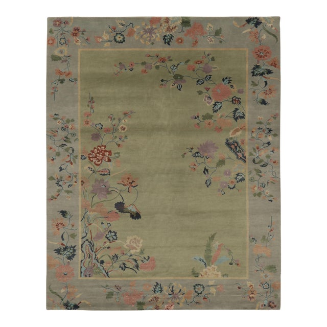 Rug & Kilim’s Chinese Art Deco Inspired Rug, Florals Over Light Green and Blue For Sale