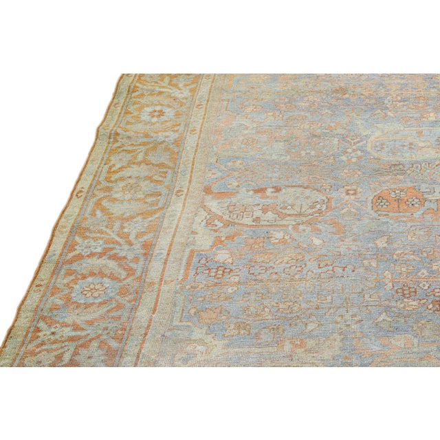 Antique Sultanabad Handmade Allover Floral Light Blue Wool Rug For Sale - Image 9 of 10