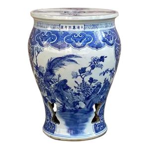 Chinese Blue & White Porcelain Flower Birds Large Round Stool Table