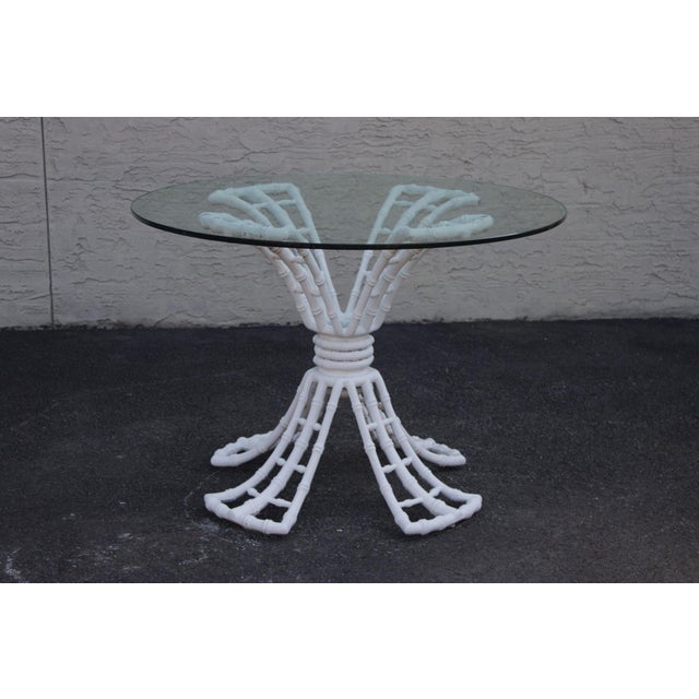 Hollywood Regency Cast Aluminum Faux Bamboo Round Glass Top Patio Table For Sale - Image 16 of 18