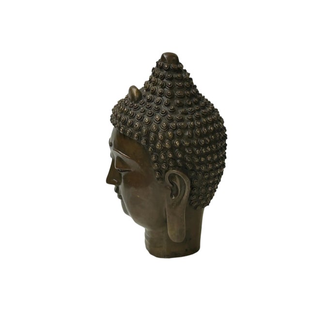Vintage Chinese Brown Bronze Color Metal Shakyamuni Buddha Head Figure For Sale - Image 4 of 10