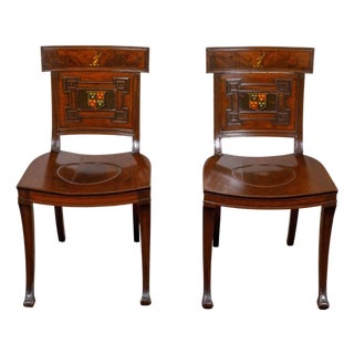 Pair of English Regency Mahogany Hall Chairs with Painted Coat of Arms For Sale