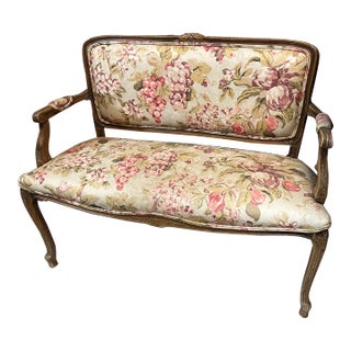 1970s Vintage Wooden Italian Loveseat With Fabric Covered Seats For Sale