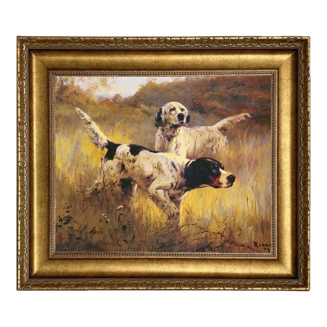 "English Setters" Print on Canvas in Wide Antiqued Gold Frame- a 16" X 20" Framed to 24" X 26" For Sale