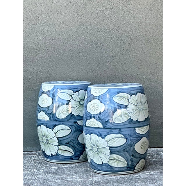 Early 21st Century Vintage Glazed Ceramic Floral Garden Stools - A Pair For Sale - Image 5 of 12
