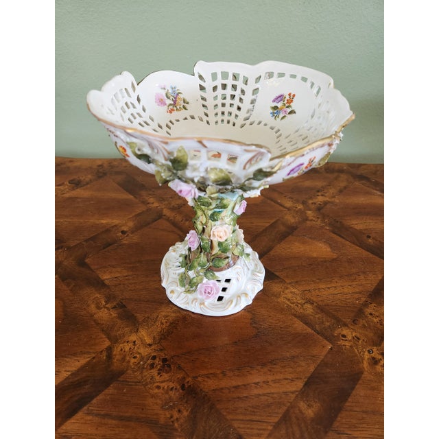 Ceramic Antique Late 19th Century Thuringian Pedestal Fruit Bowl, Reticulated With Raised Flowers For Sale - Image 7 of 13