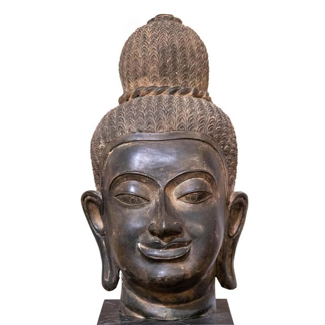 Ancient Buddha Head Sculpture, 19th Century, Bronze and Marble For Sale - Image 4 of 5