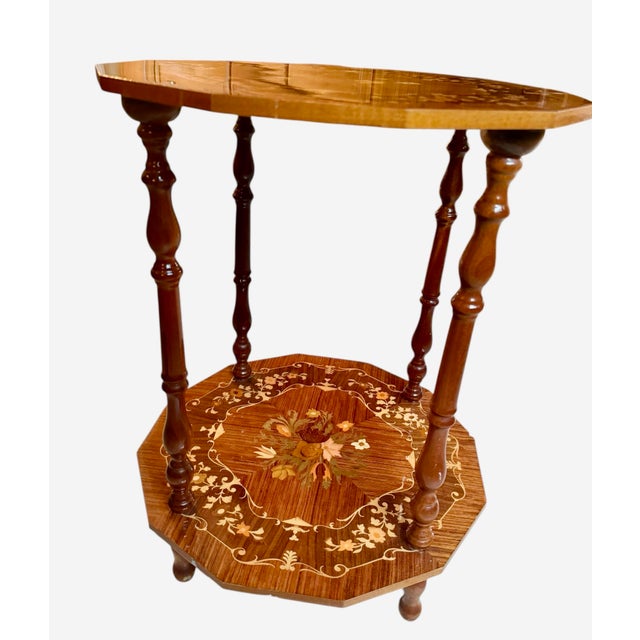 Antique Inlaid Mahogany Octagon Two‑Tier Side Table — Floral Marquetry For Sale - Image 11 of 12