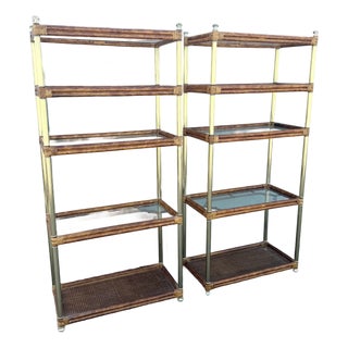 Palm Beach Chic Rattan Cane and Gold Etageres - A Pair For Sale