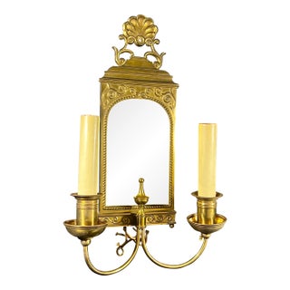 Vintage Brass Double Arm Hardwired Wall Sconce With Mirror For Sale