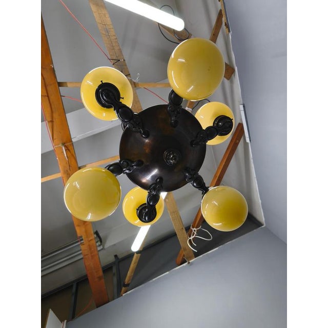 Art Deco Czech Brass Chandelier with Cream Glass, 1920s For Sale - Image 3 of 14