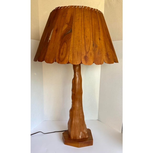 Mid 20th Century Rustic Folk Art Cypress Knee Table Lamp With Sculpted Wood Slat Shade For Sale - Image 5 of 12