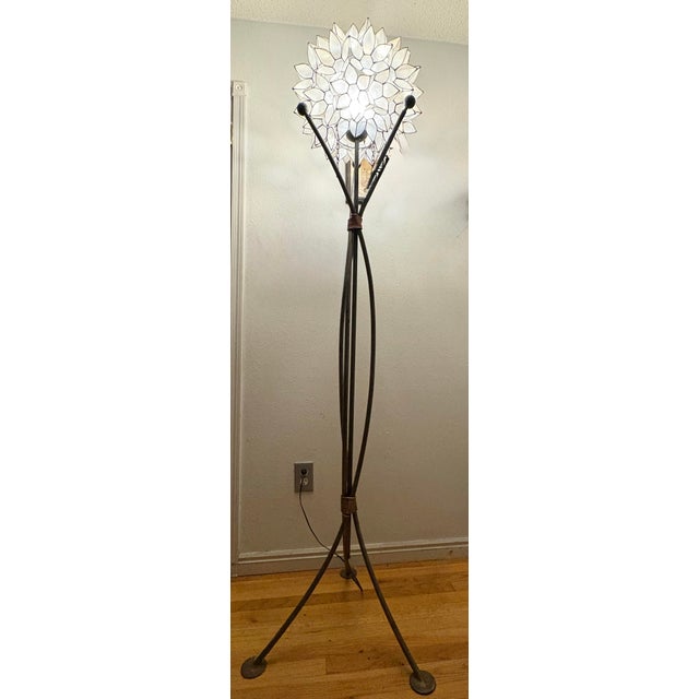 1960s Vintage Brutalist Capiz Shell "Lotus" Floor Lamp With Hand-Wrapped Copper Binding For Sale - Image 5 of 12
