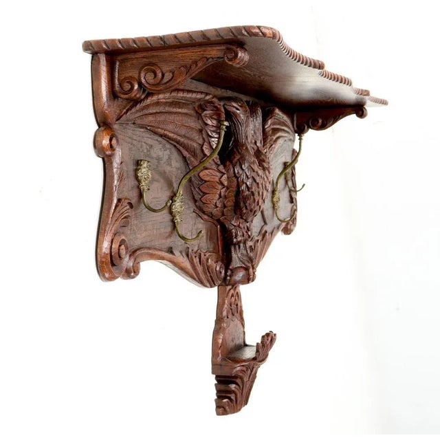 Black Forest Wall Coat Rack in Oak with Hand Carved Double-Headed Eagle, 1900s For Sale - Image 9 of 10