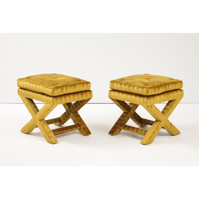 Wood 1970's X Base Ottomans in Velvet Upholstery Attributed to Milo Baughman For Sale - Image 7 of 11
