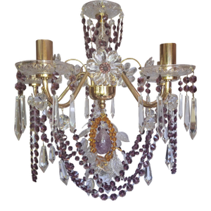 1940's European Regency 24k Plate With Amethyst/ Amber Cut Crystal Floral Form Chandelier Palwa