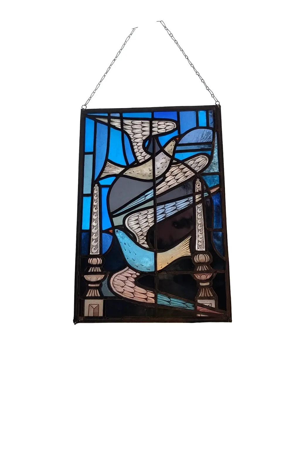 Vintage Swiss Stained Glass Panel with Two White Birds by Max