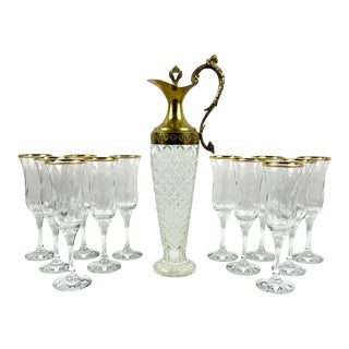 Vintage Champagne Stems and Decanter, Set of 13 For Sale