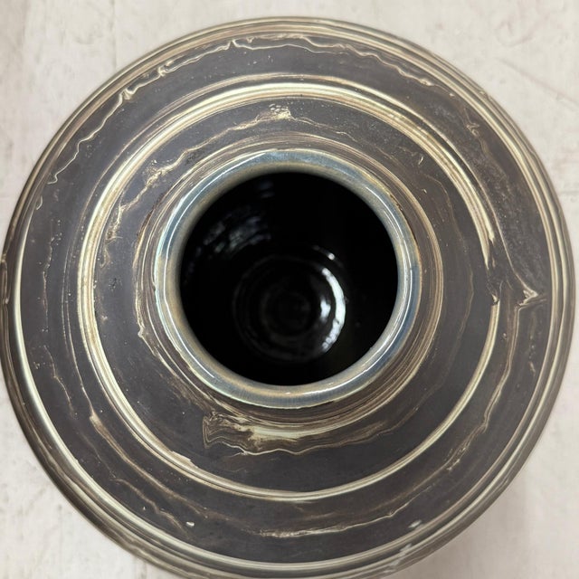 Large Rounded Black & Cream White Ceramic Vase For Sale - Image 10 of 11