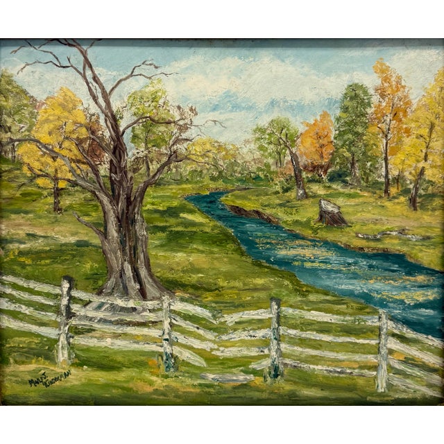 Farmhouse 1970s Landscape Painting of River Beside a Tree & a White Broken Picket Fence, Signed Mary J. Kinderman For Sale - Image 3 of 10