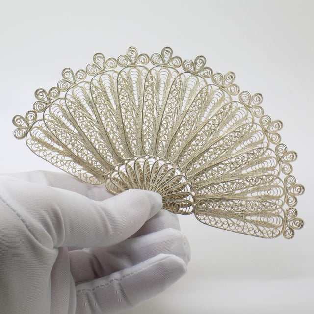 Vintage Italian Handmade Genuine Silver Large & Rare Filigree Fan Figurine Sculpture For Sale - Image 4 of 9