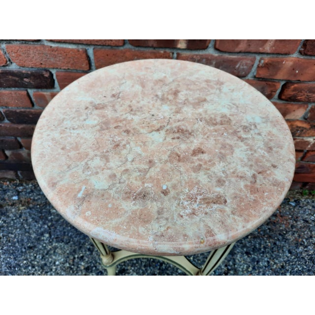 Vintage Side Table with removable solid marble top. Solid wood table painted cream and accented with a sage green....