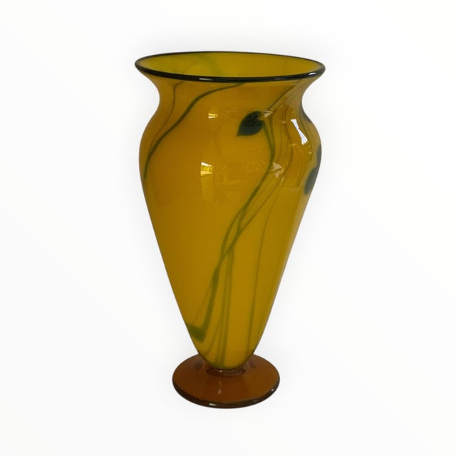 2000 - 2009 Rick Strini Signed 2004 Hand-Blown Art Glass Vase 11.25" Yellow, Amber & Green Botanical Design For Sale - Image 5 of 8