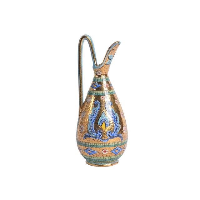 Metal Vintage Deruta Italian 24kt Gold Plated Hand Painted Mosaic Byzantine Style Pitcher For Sale - Image 7 of 7
