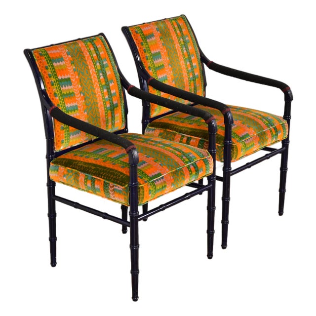 Mid-Century Hollywood Regency Ebonized Faux Bamboo Armchairs With Jack Lenor Larsen Upholstery, Pair For Sale