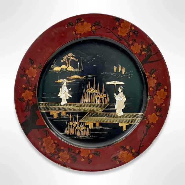 Wood Japanese Meiji Period Charger Plate Featuring Geishas For Sale - Image 7 of 7