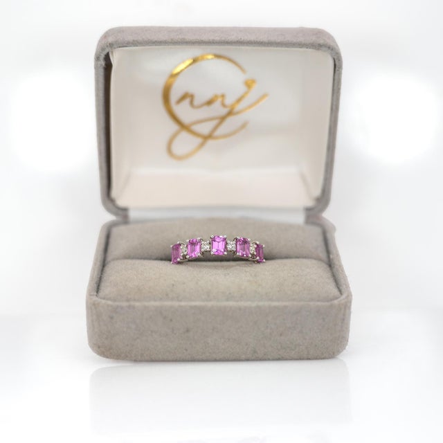 Modern 1.49Ct Pink Sapphire & Diamond Band in Solid 14k Gold - Emerald Cut 4x3mm, Size 6.75 For Sale - Image 3 of 9