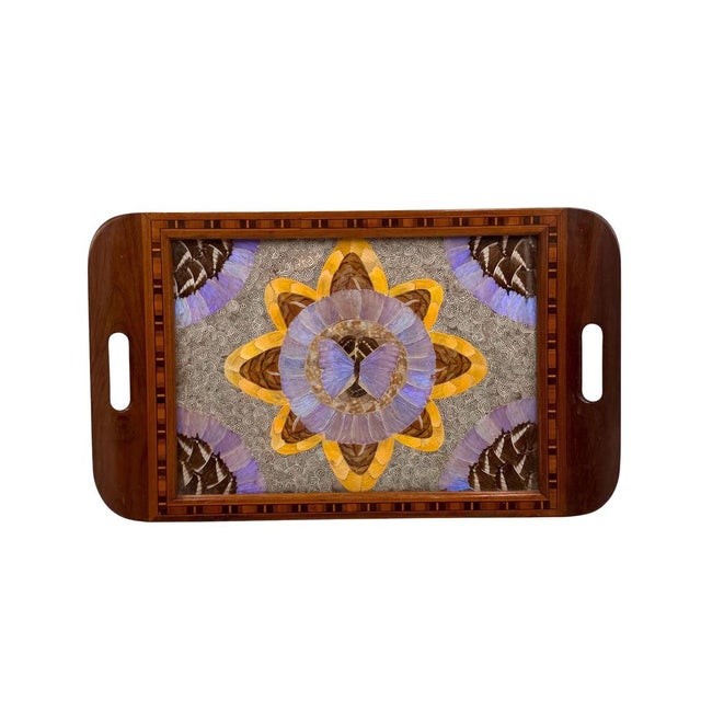 Mid-Century Modern Inlaid Wood and Butterfly Wing Tray, Brazil, 1950s For Sale - Image 6 of 12