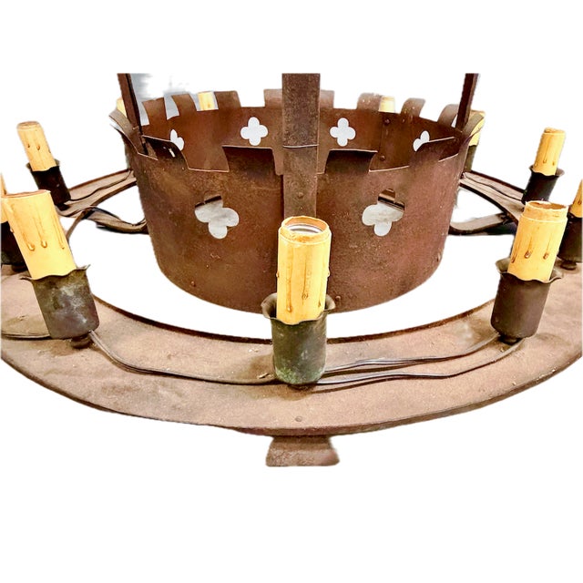 Brown Vintage Round Iron Quatrefoil Chandelier For Sale - Image 8 of 18