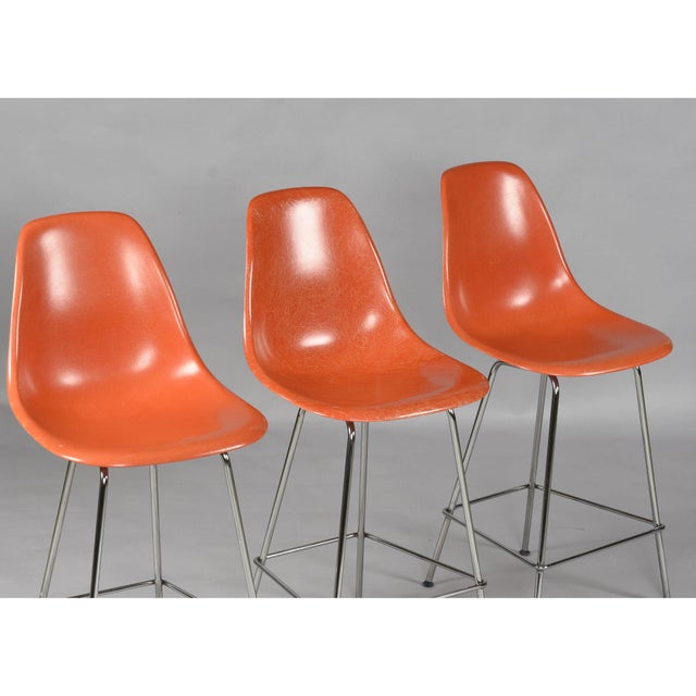 Plastic Charles Eames for Herman Miller Orange Fiberglass Counter Height Stools For Sale - Image 7 of 18