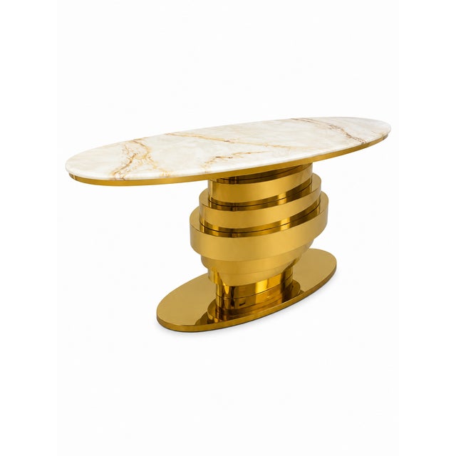 Elegant contemporary side table in gilded brass and white veined marble. Dimensions: Height 70 cm, Width 141 cm, Depth 40...