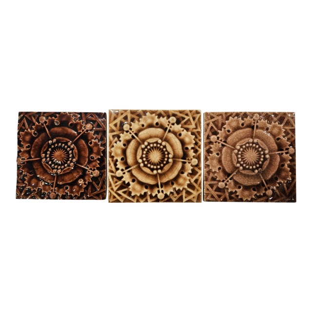 3 Brown "Tudor Rose" Tiles For Sale