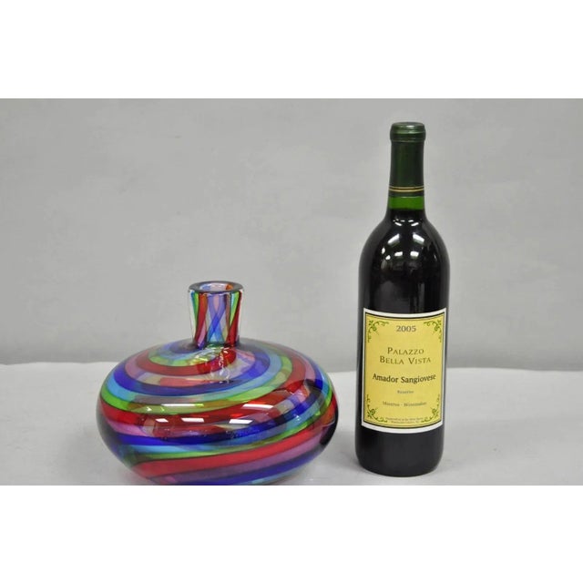 Vintage Mid Century Modern Italian Murano Style Rainbow Swirl Glass Vase. Circa Late 20th Century. Measurements: 6.25" H x...