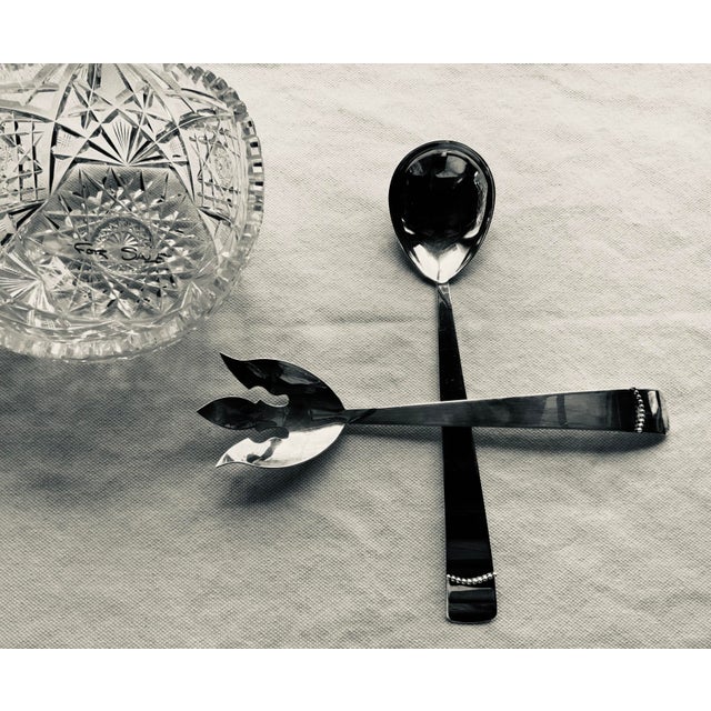 …...Elegant Scandinavian-Inspired Serving Set in Pristine Condition This stunning pair of 12" silver-plated salad spoon...
