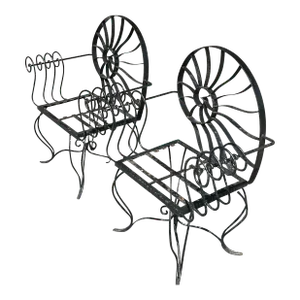 Vintage Coastal Nautilus Shell Wrought Iron Lounge Chairs - a Pair