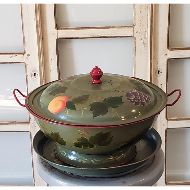 Metal Vintage Hand Painted Tole Large Bowl, Lid With Wood Handle & Round Tole Toleware Tray For Sale - Image 7 of 9