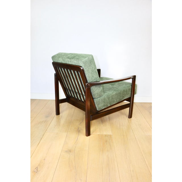 Wood Vintage Brown Wooden Armchair in Green-Olive Jeans Design from Z. Bączyk, 1970s For Sale - Image 7 of 9
