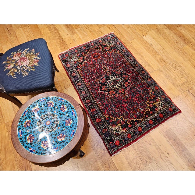 Red Vintage Persian Bidjar Rug, Hand-Knotted Wool, Geometric Medallion Pattern, Red & Navy, 3x4 For Sale - Image 8 of 16