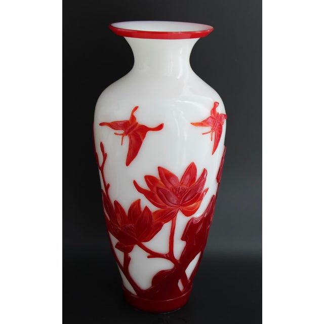 Antique Pair of Chinese Red and White Peking Glass Vases with hand carved Birds & Lotus Flowers, c1900 It is rare to find...