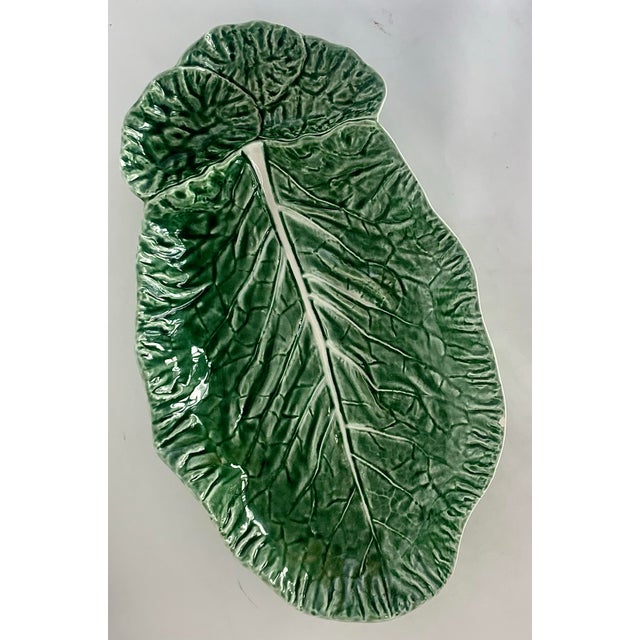 Vintage Portuguese 'Bordallo Pinheiro' Majolica Extra Large Glazed Ceramic Cabbage Leaf Chip & Dip Platter For Sale - Image 11 of 12