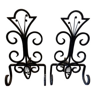 Pair of Vintage Wrought Iron Fleur-De-Lis Fireplace Andirons For Sale