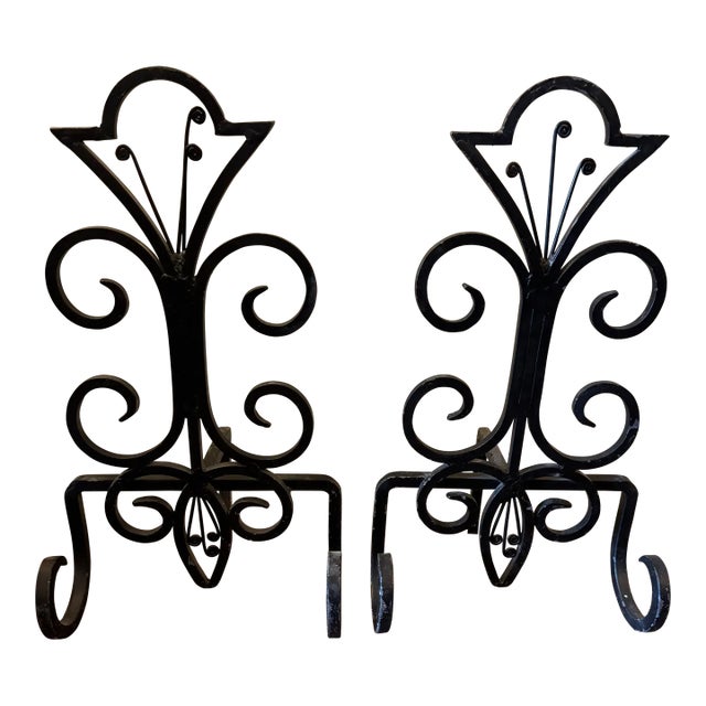 Pair of Vintage Wrought Iron Fleur-De-Lis Fireplace Andirons For Sale