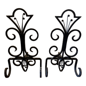 Pair of Vintage Wrought Iron Fleur-De-Lis Fireplace Andirons